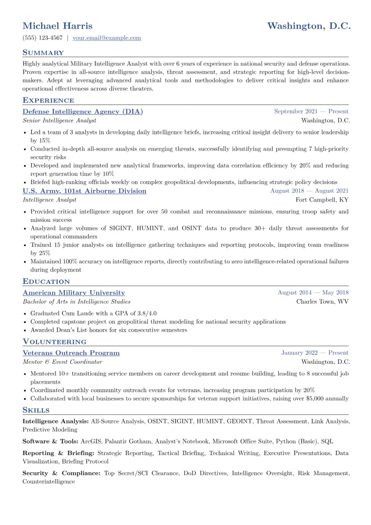 Military Intelligence Analyst Resume Example CV template preview