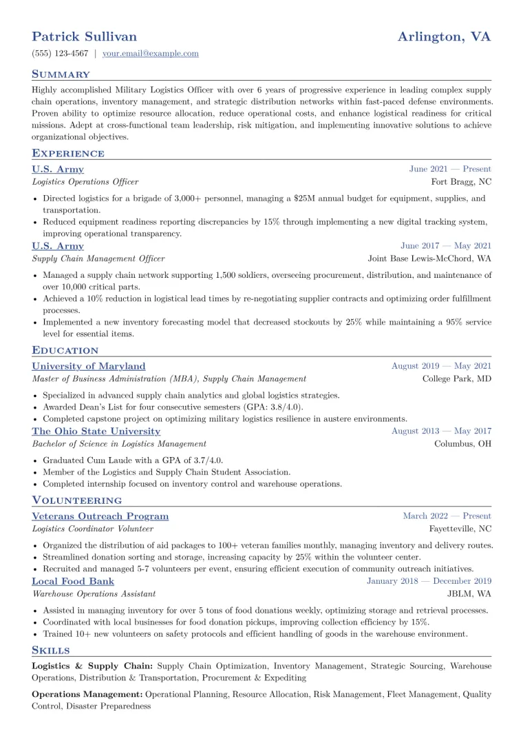 Military Logistics Officer Resume Example CV template preview