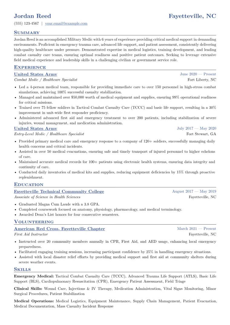 Military Medic Resume Example CV template preview