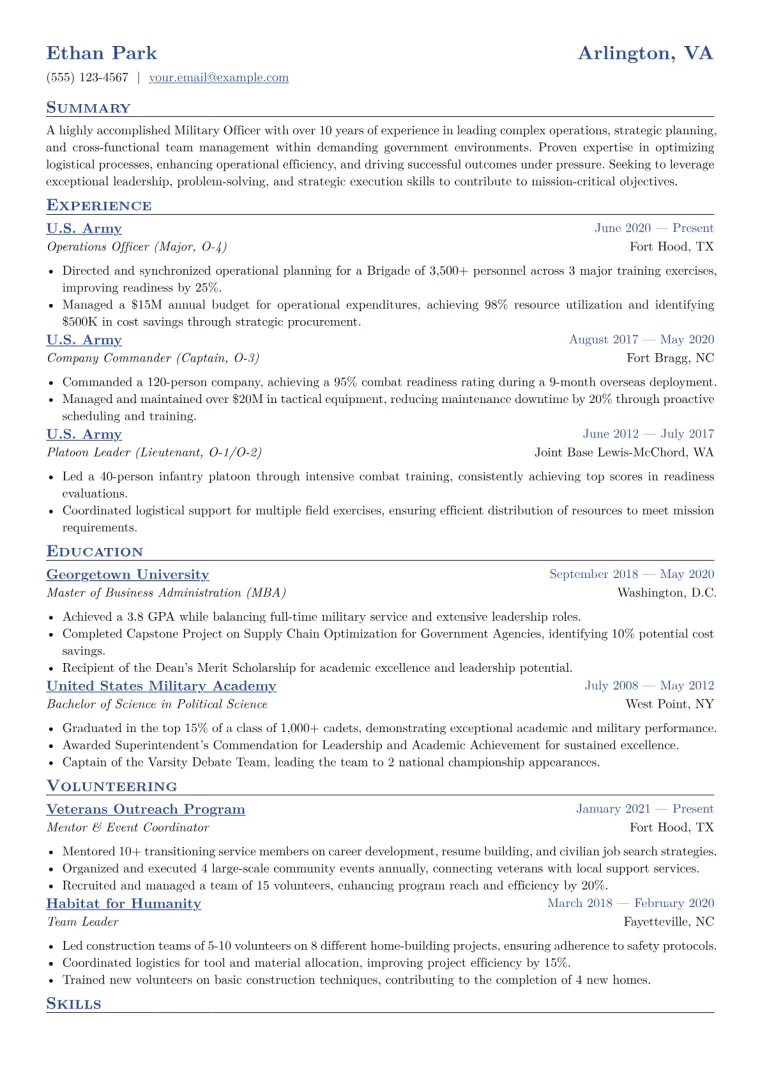 Military Officer Resume Example CV template preview