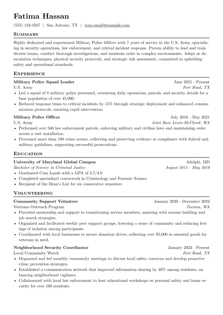 Military Police Officer Resume Example CV template preview