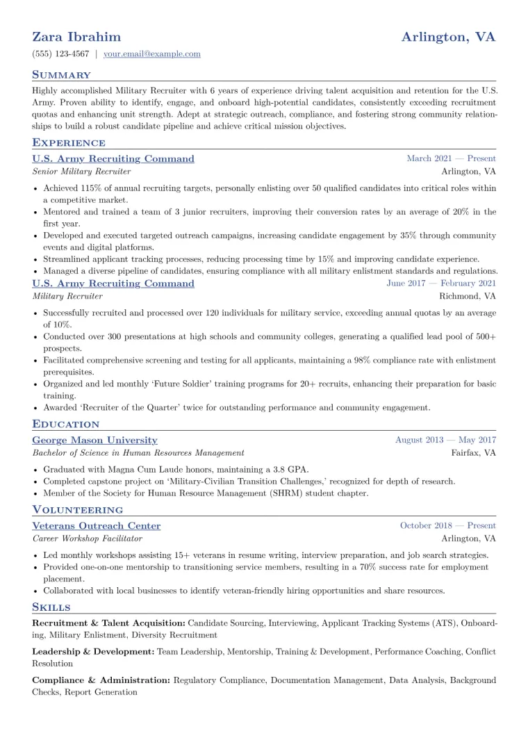 Military Recruiter Resume Example CV template preview
