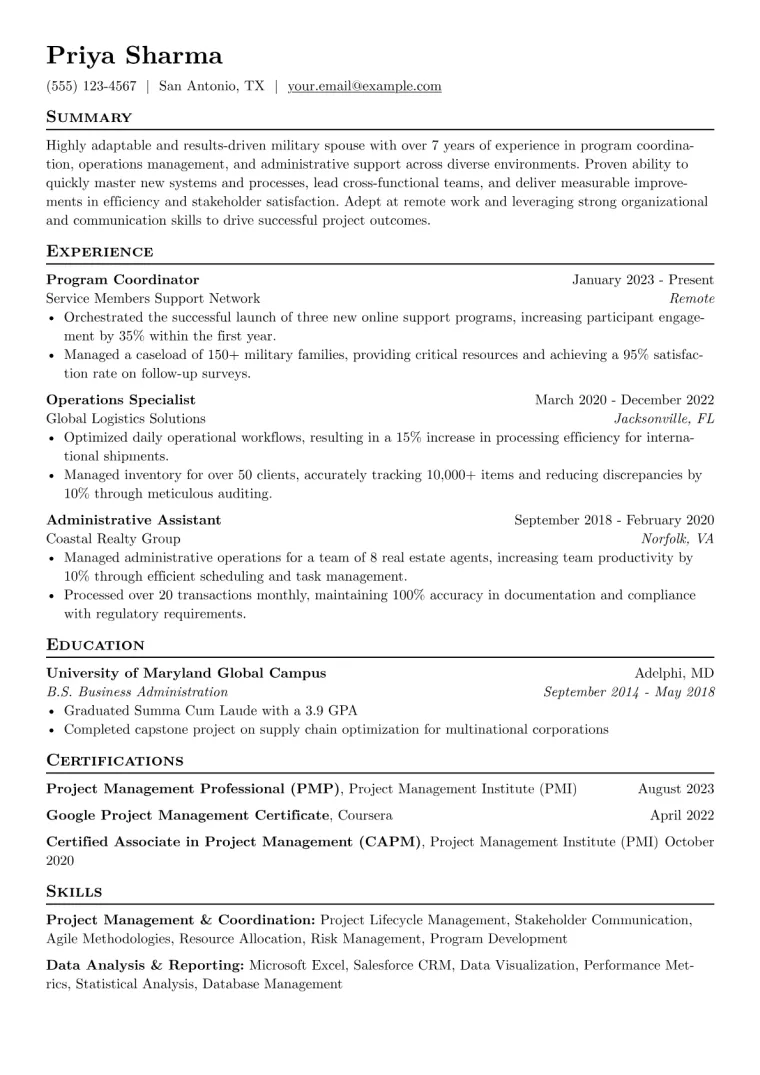 Military Spouse Resume Example CV template preview