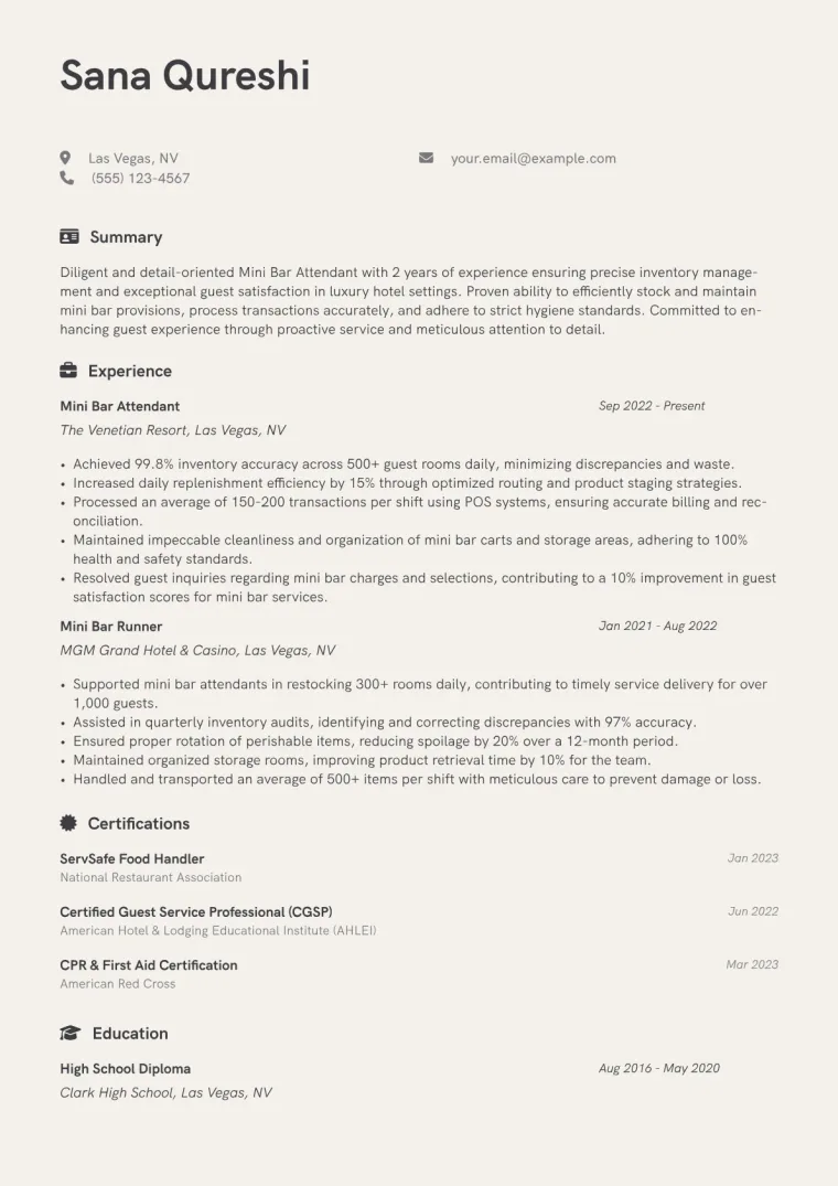 Mini Bar Attendant Resume Example CV template preview
