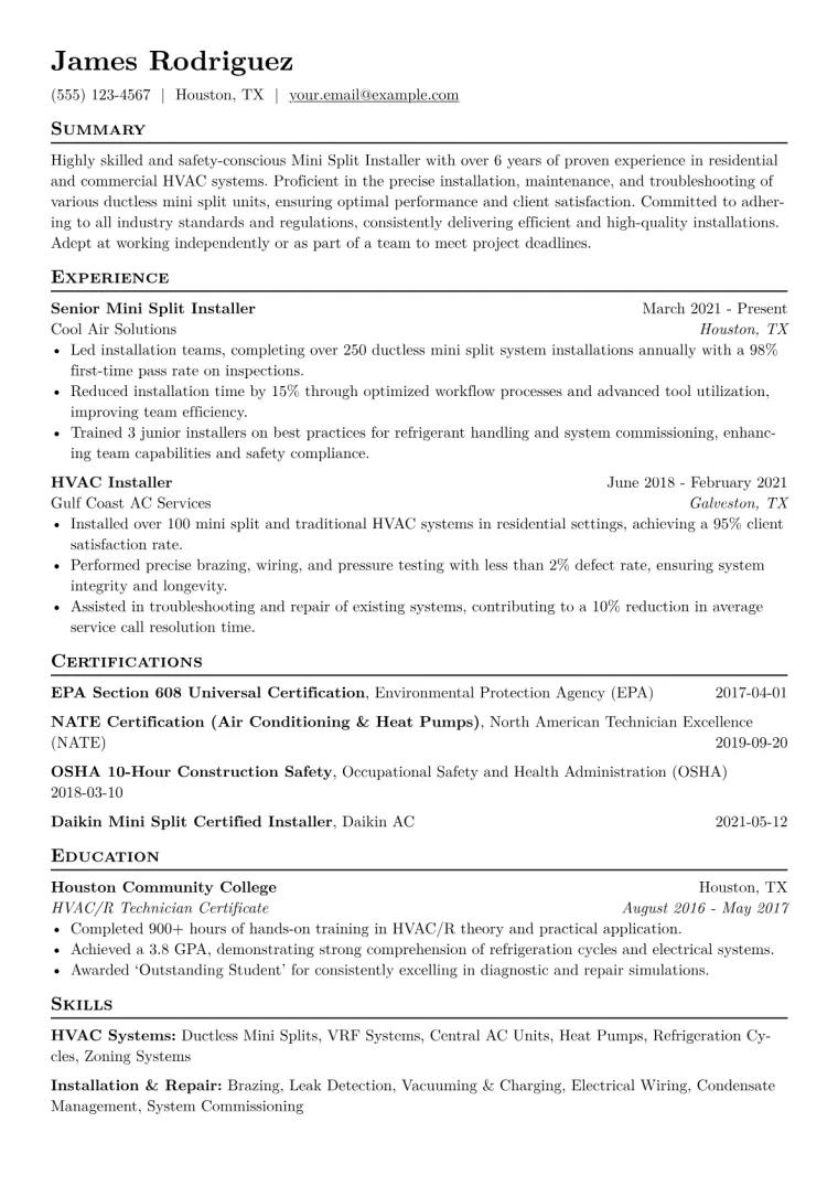 Mini Split Installer Resume Example CV template preview