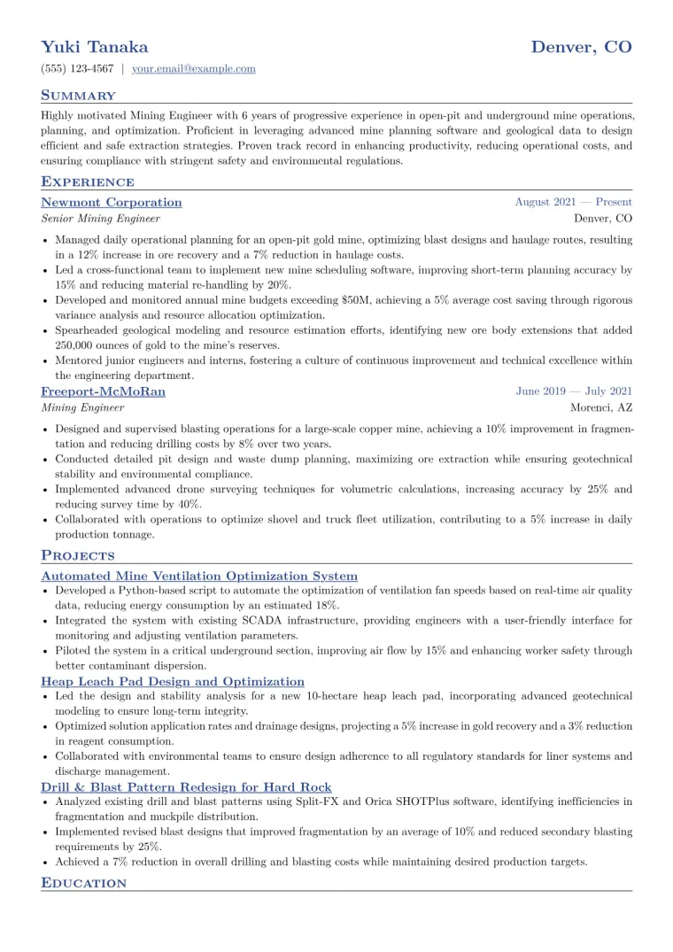 Mining Engineer Resume Example CV template preview