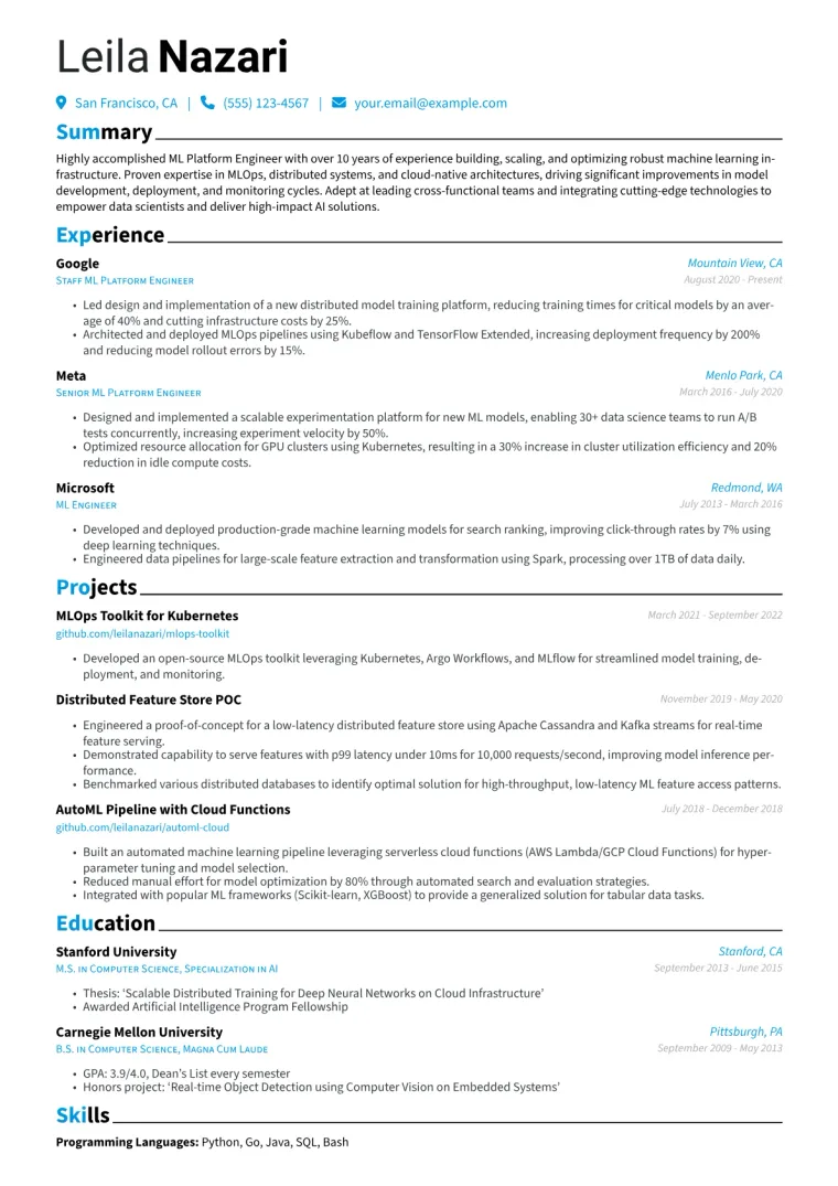 ML Platform Engineer Resume Example CV template preview
