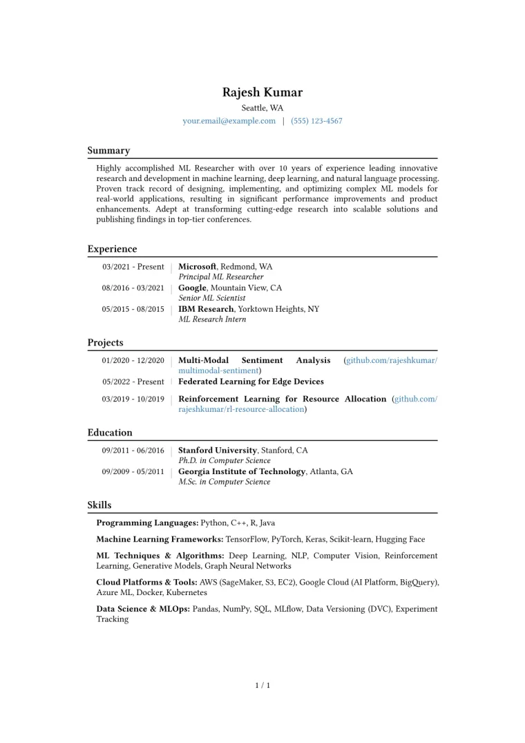 ML Researcher Resume Example CV template preview