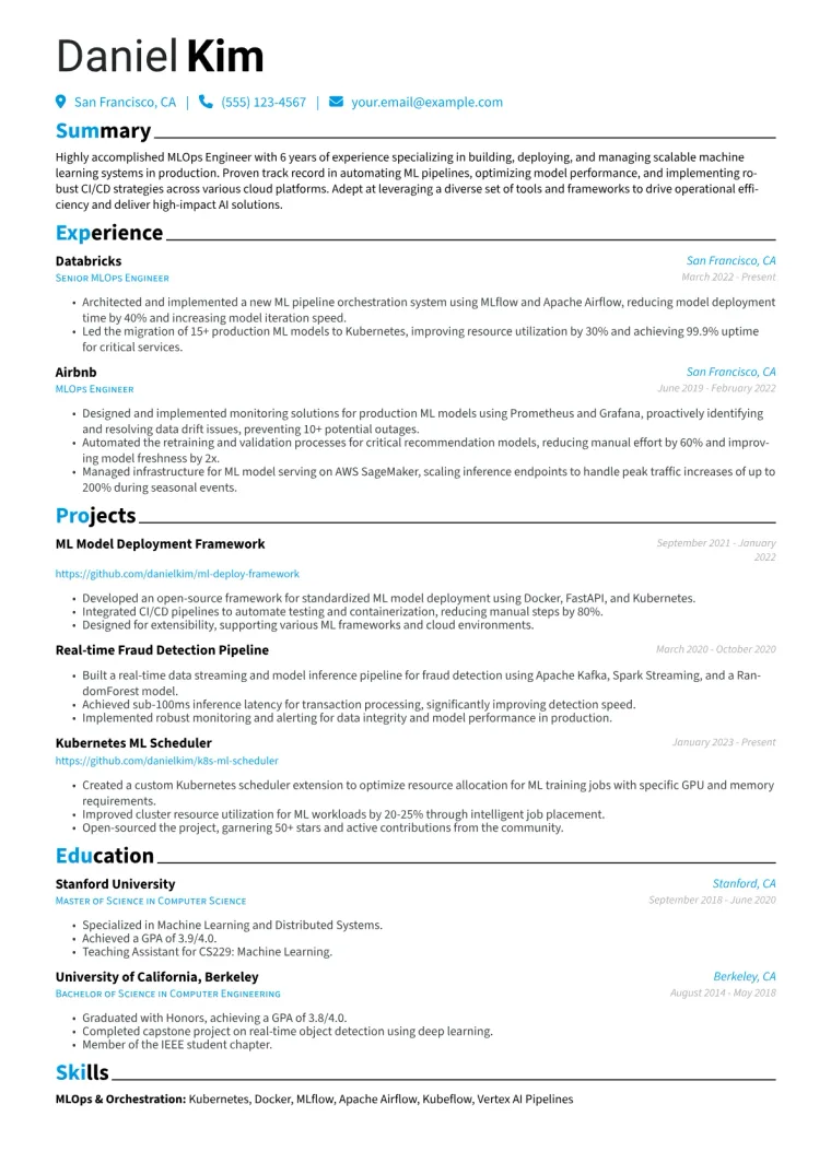 MLOps Engineer Resume Example CV template preview