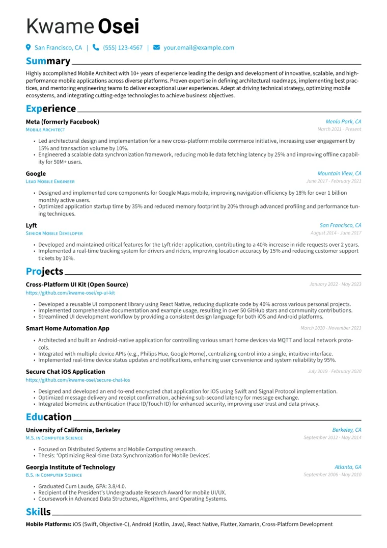 Mobile Architect Resume Example CV template preview