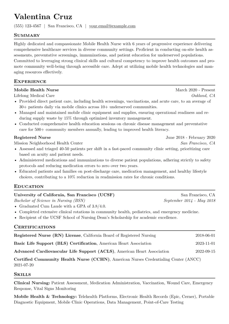 Mobile Health Nurse Resume Example CV template preview
