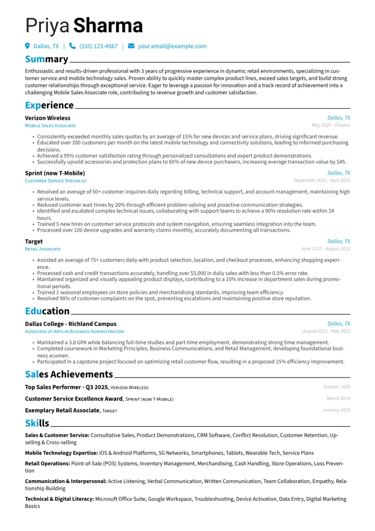 Mobile Salesman Resume Example CV template preview