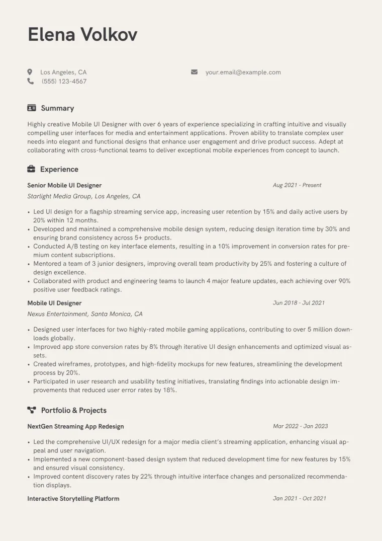 Mobile UI Designer Resume Example CV template preview