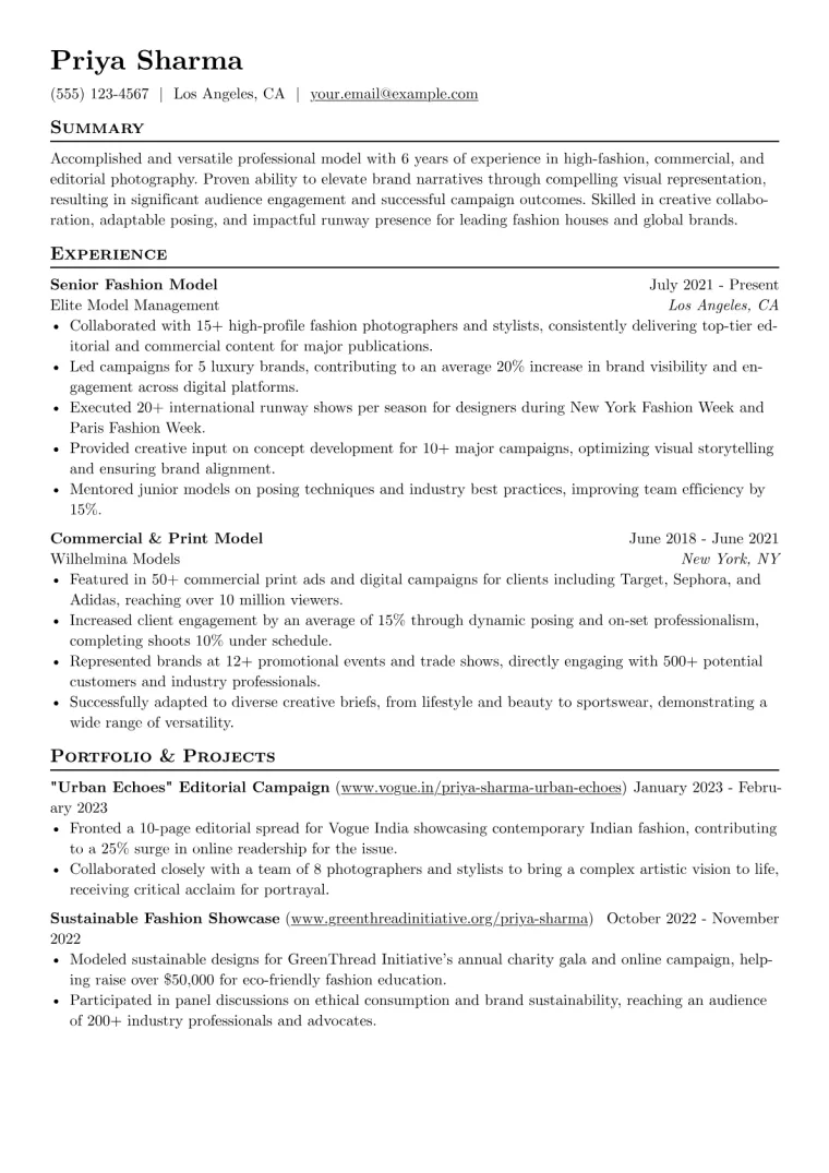 Model Resume Example CV template preview