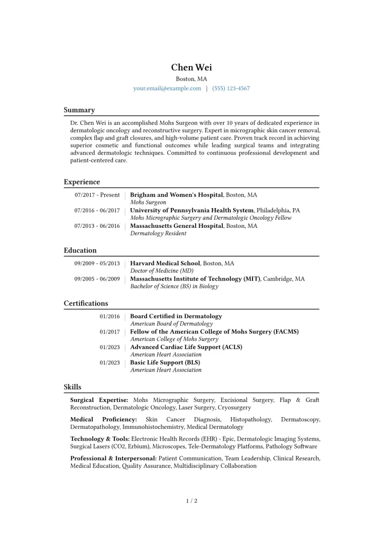 Mohs Surgeon Resume Example CV template preview