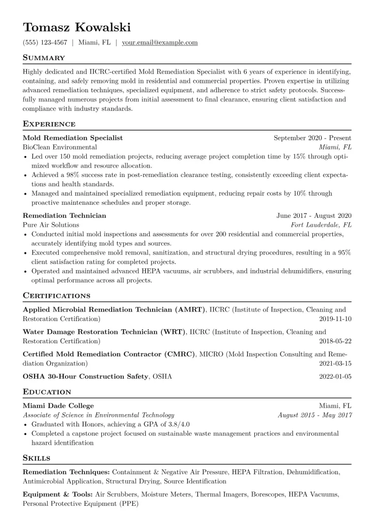 Mold Remediation Specialist Resume Example CV template preview