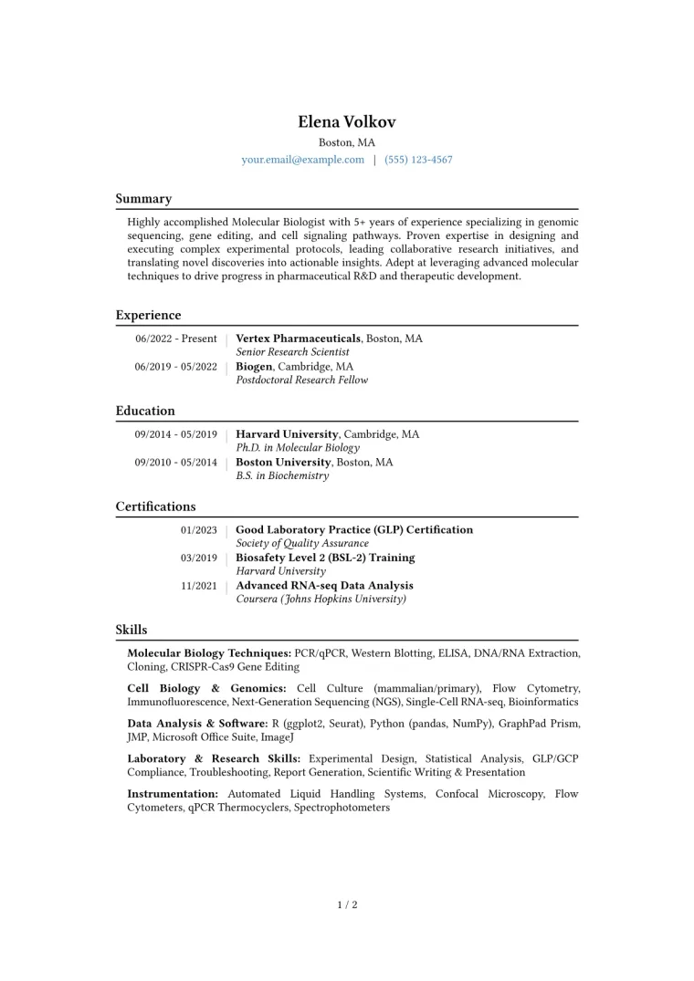 Molecular Biologist Resume Example CV template preview
