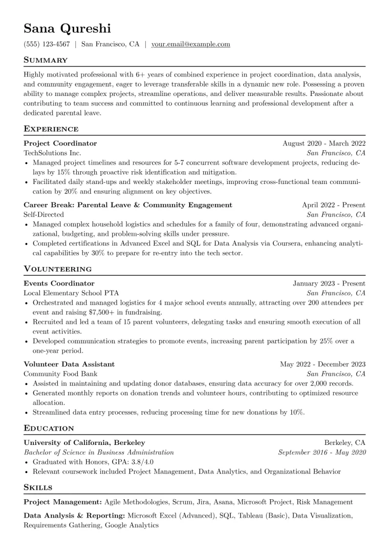 Mom Returning to Work Resume Example preview