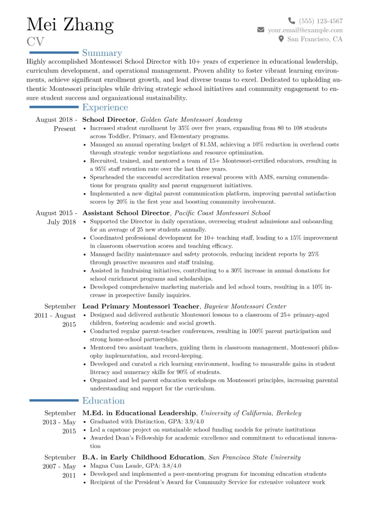 Montessori School Director Resume Example CV template preview