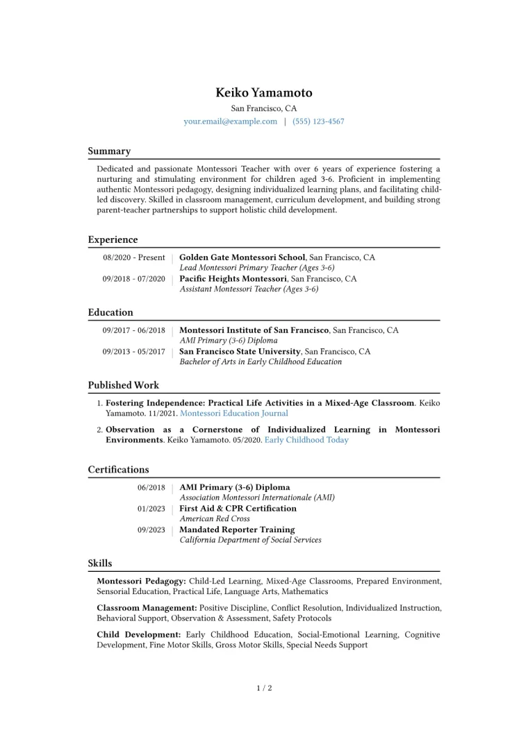 Montessori Teacher Resume Example CV template preview