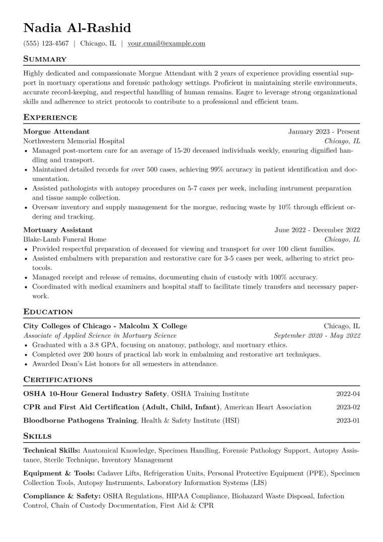 Morgue Attendant Resume Example CV template preview