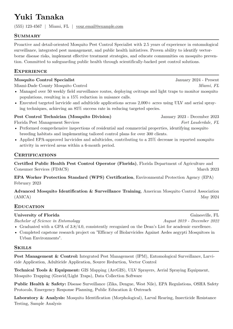 Mosquito Pest Control Specialist Resume Example CV template preview