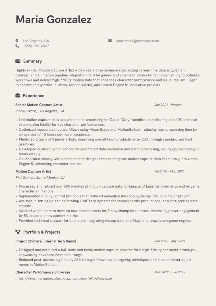 Motion Capture Artist Resume Example CV template preview