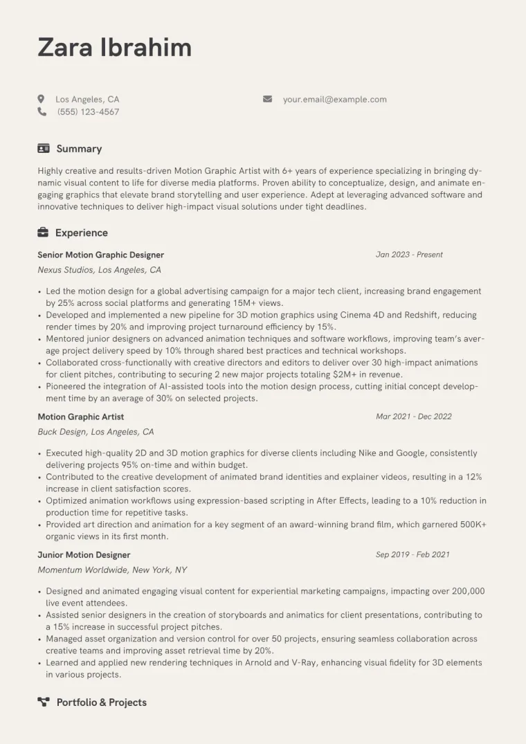 Motion Graphic Artist Resume Example CV template preview
