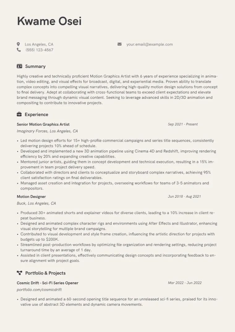 Motion Graphics Artist Resume Example CV template preview