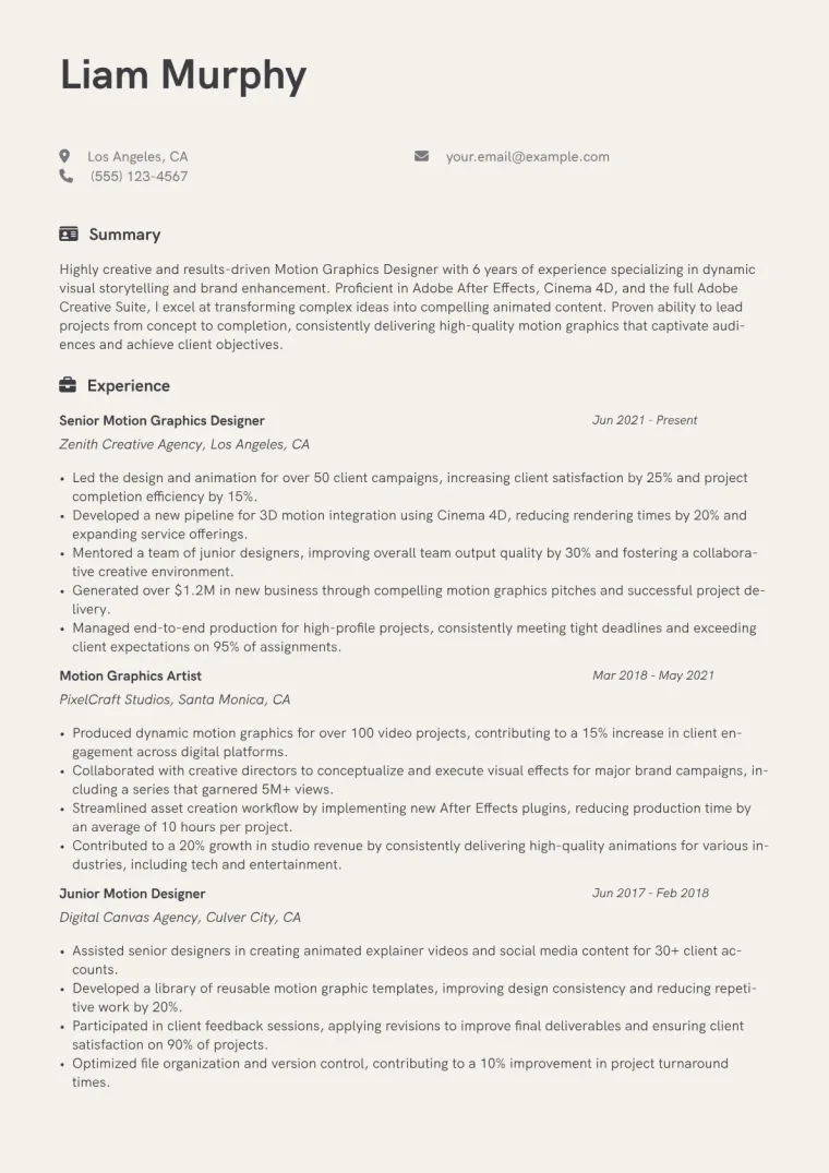 Motion Graphics Designer Resume Example CV template preview