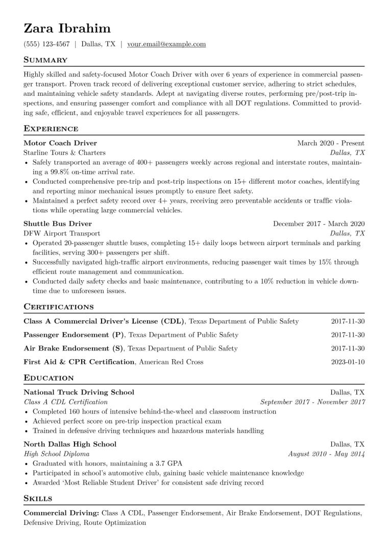 Motor Coach Driver Resume Example CV template preview