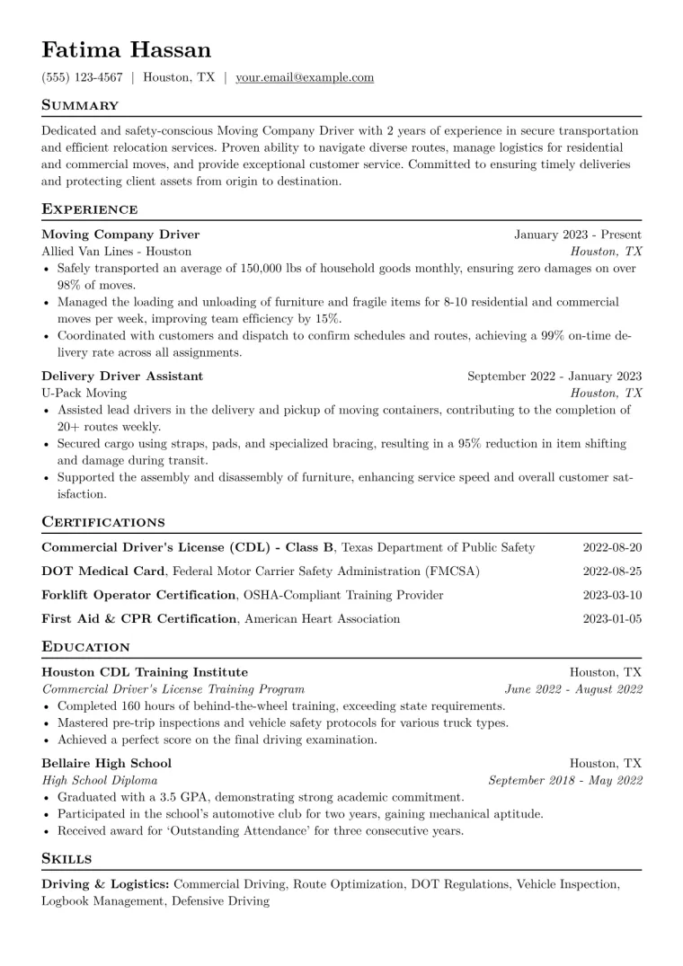 Moving Company Driver Resume Example CV template preview