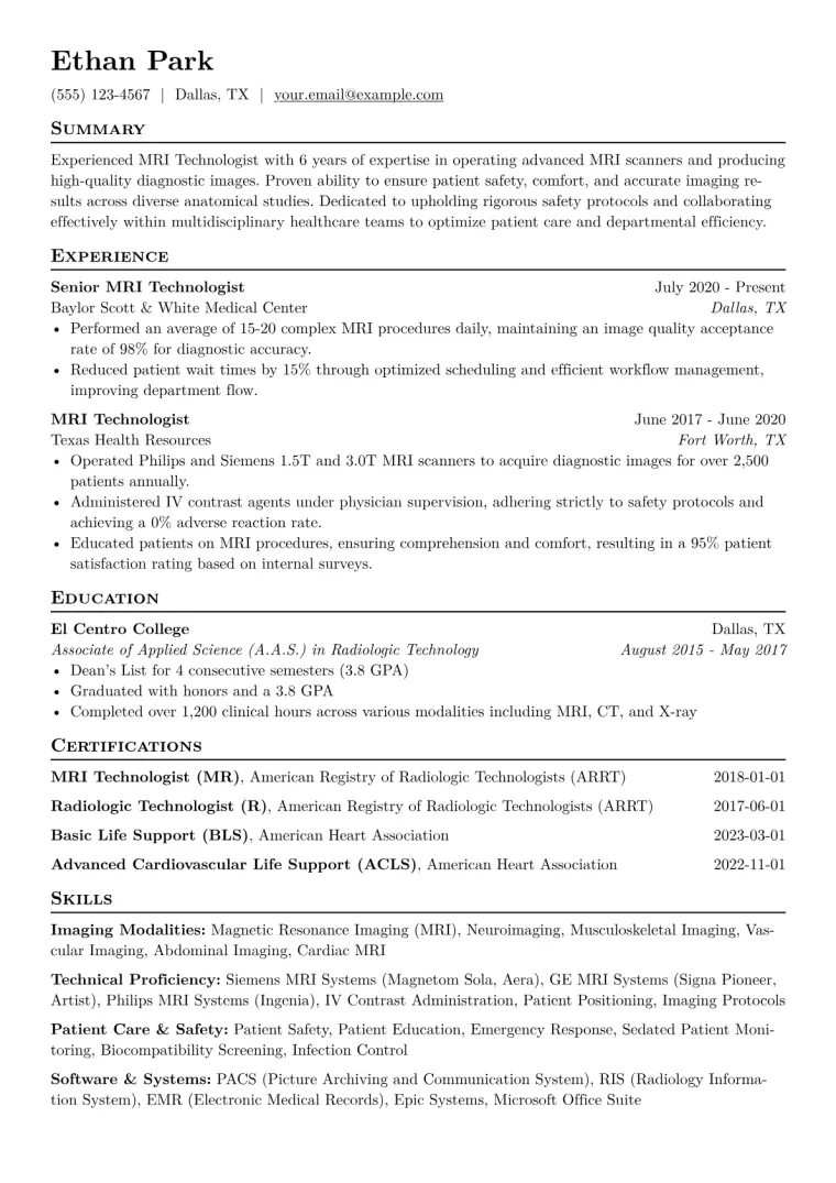 MRI Technologist Resume Example CV template preview
