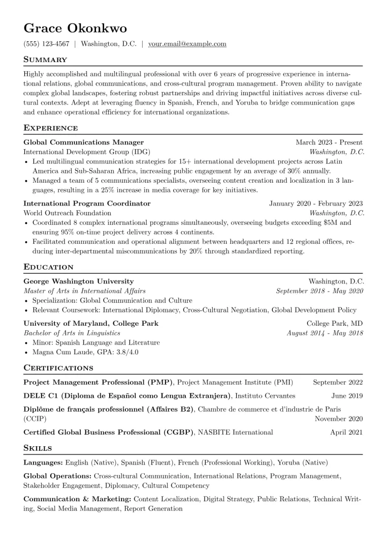 Multilingual Resume Example CV template preview