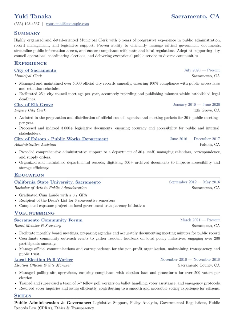 Municipal Clerk Resume Example CV template preview