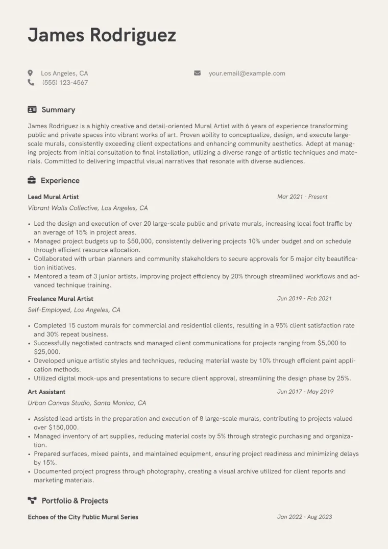 Mural Artist Resume Example CV template preview