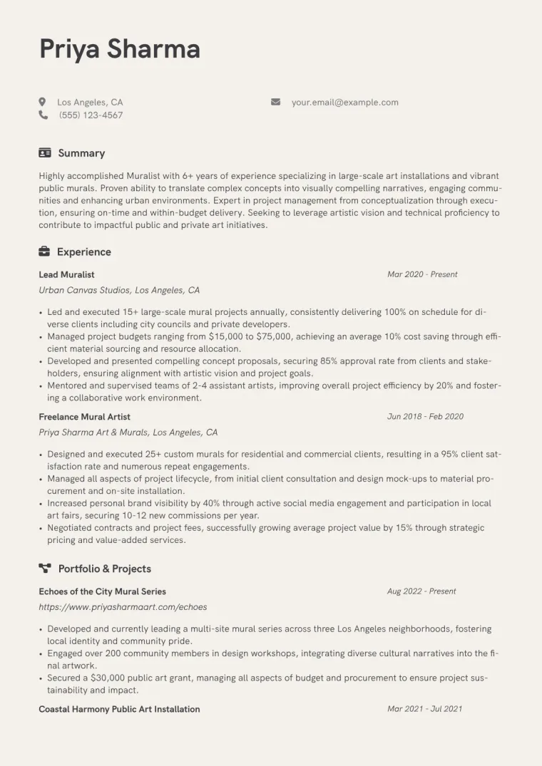 Muralist Resume Example CV template preview