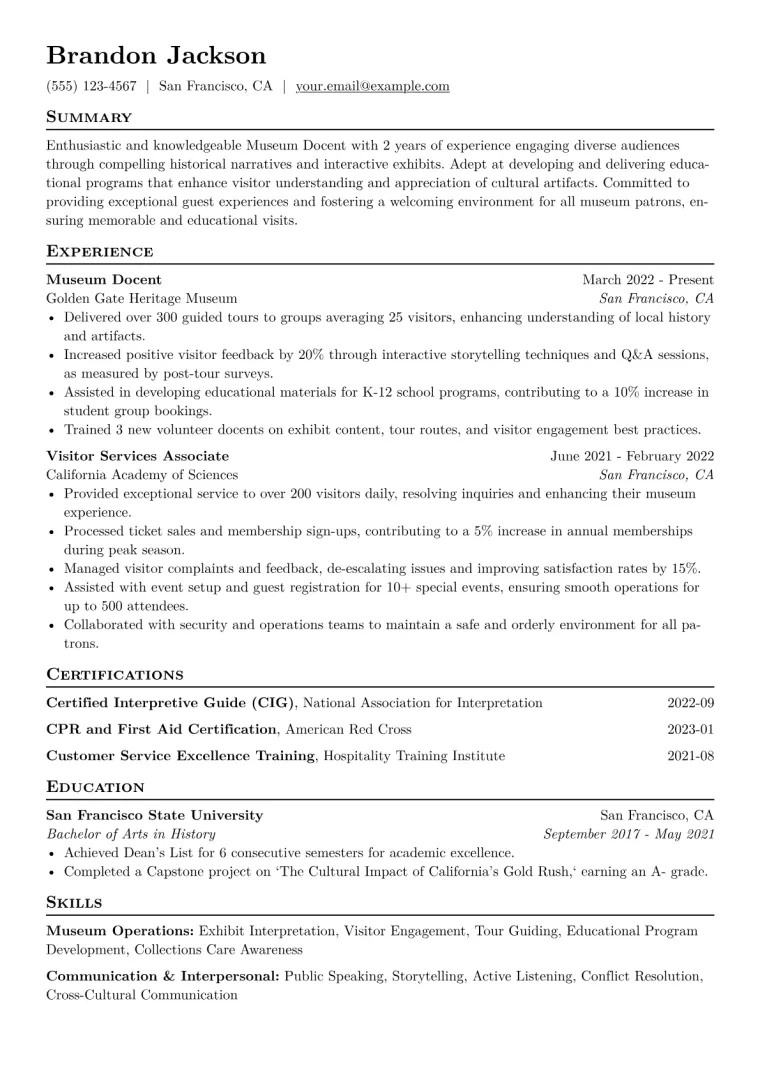 Museum Docent Resume Example CV template preview
