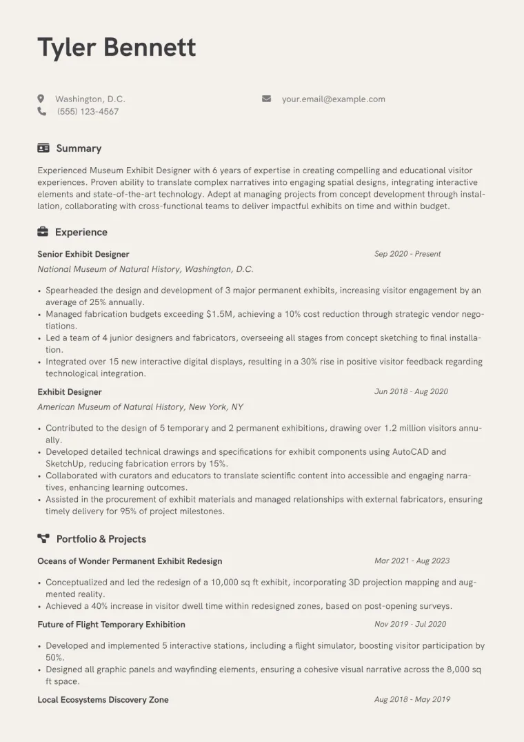 Museum Exhibit Designer Resume Example CV template preview