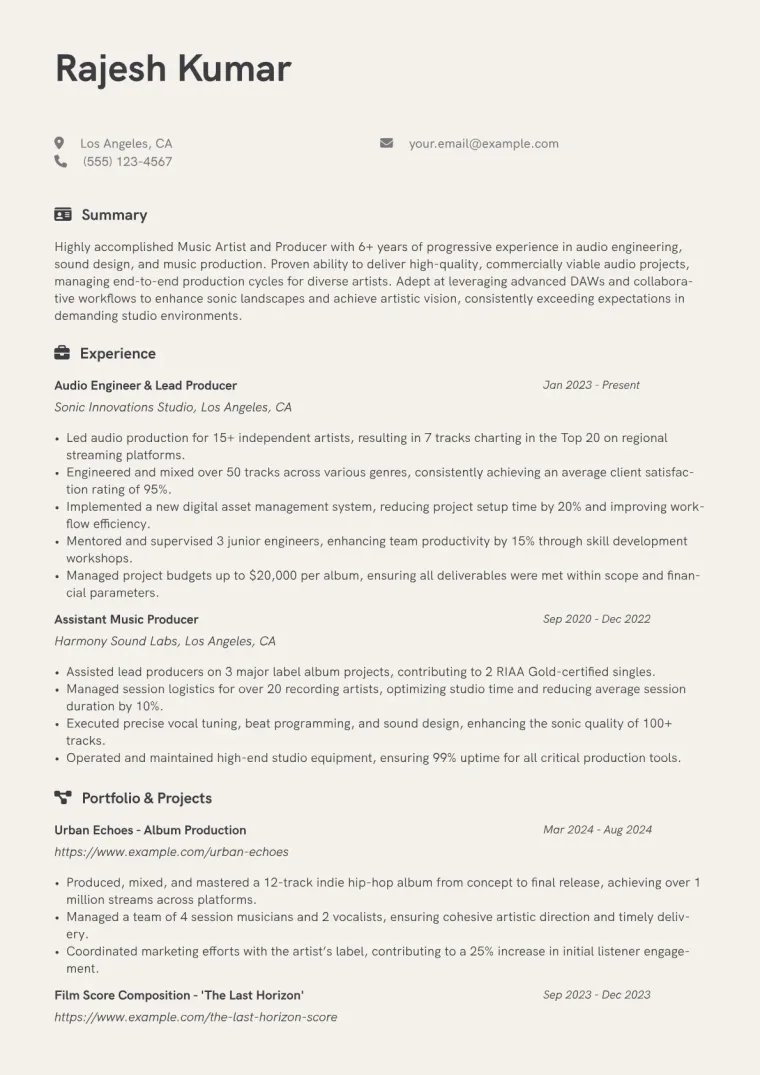 Music Artist Producer Resume Example CV template preview