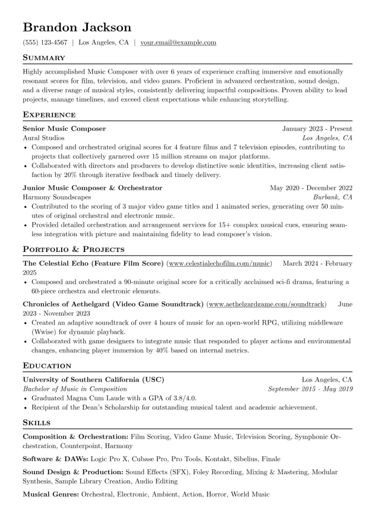 Music Composer Resume Example CV template preview