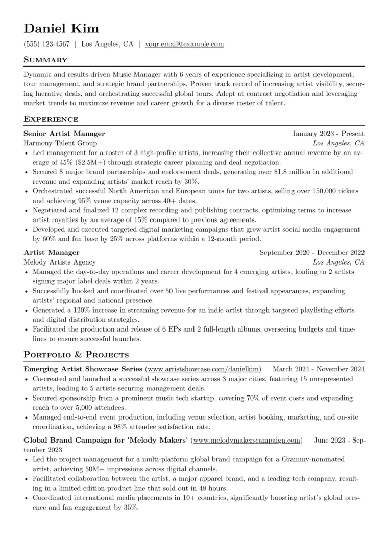 Music Manager Resume Example CV template preview
