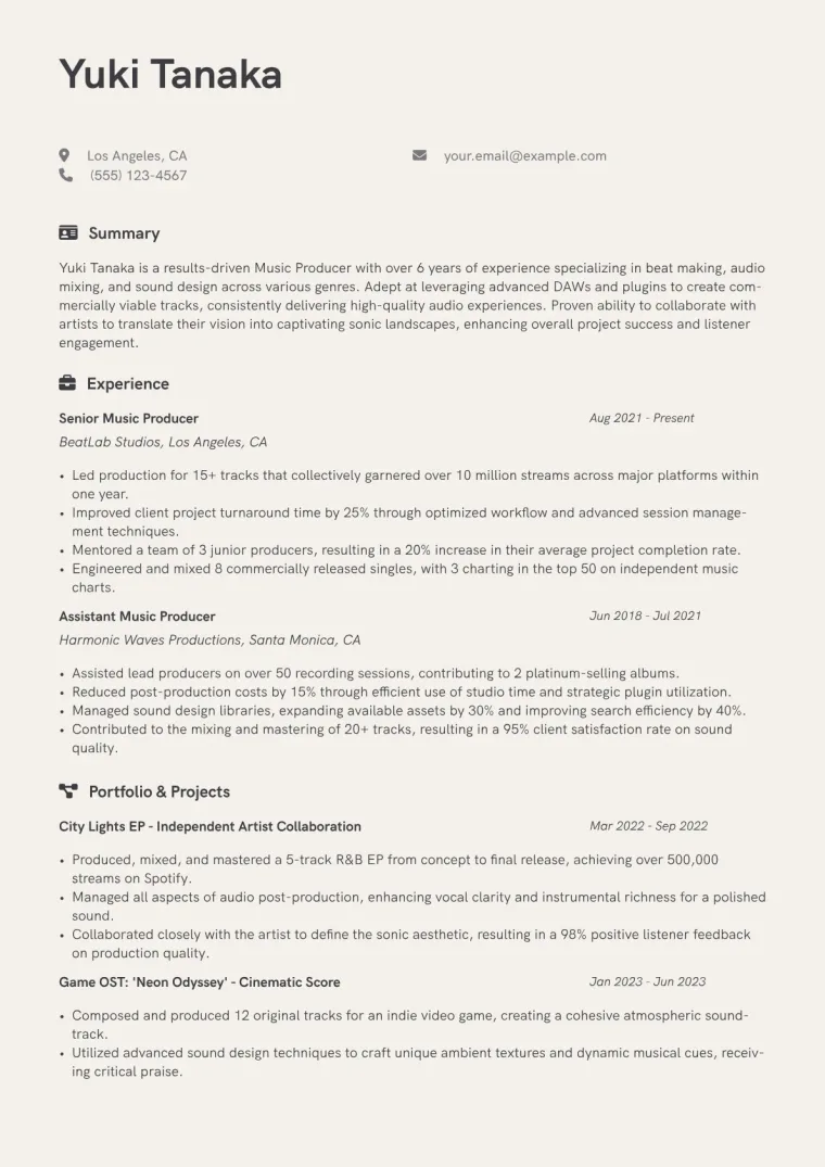 Music Producer Resume Example CV template preview