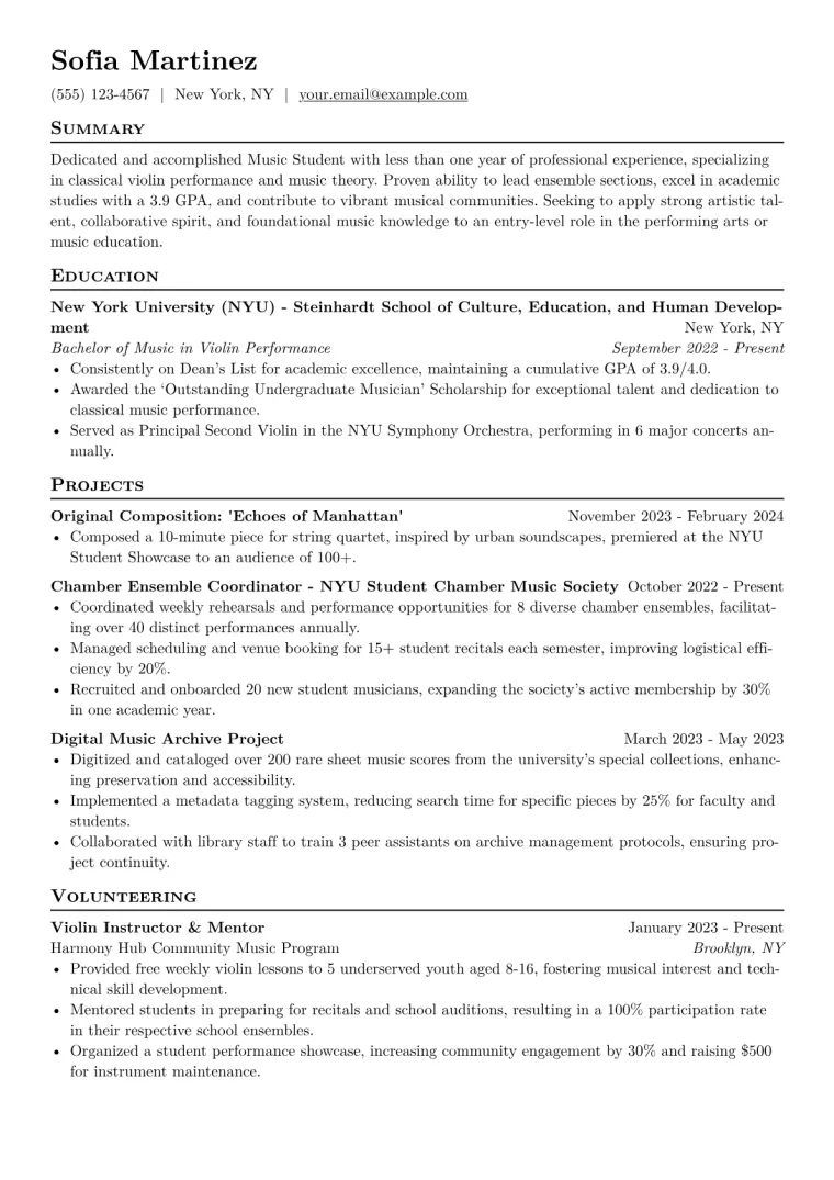 Music Student Resume Example CV template preview