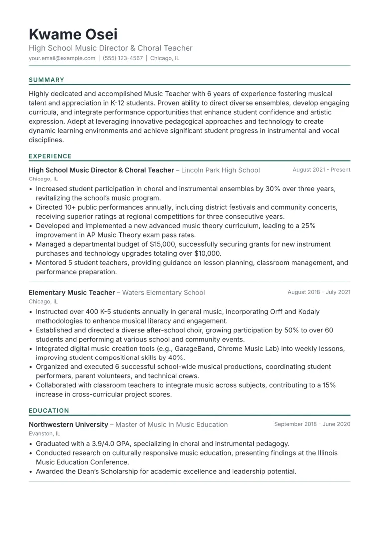 Music Teacher Resume Example CV template preview