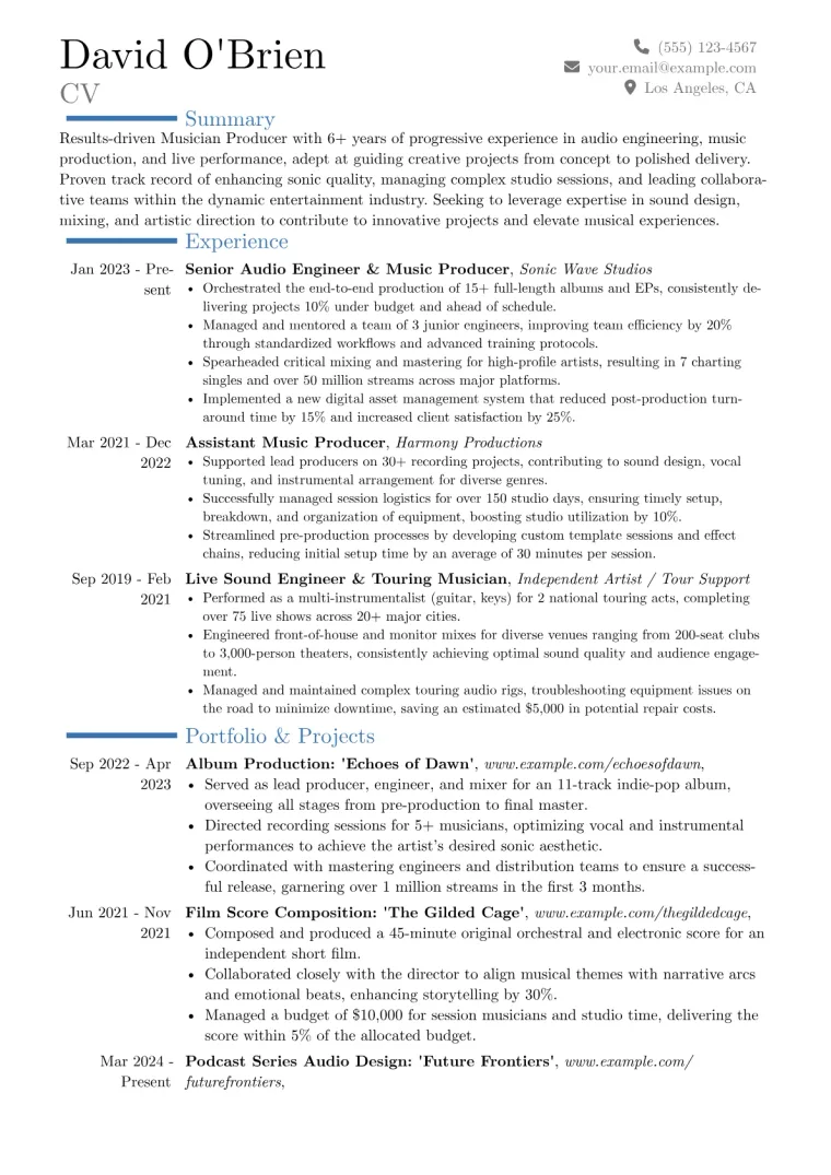 Musician Producer Resume Example CV template preview