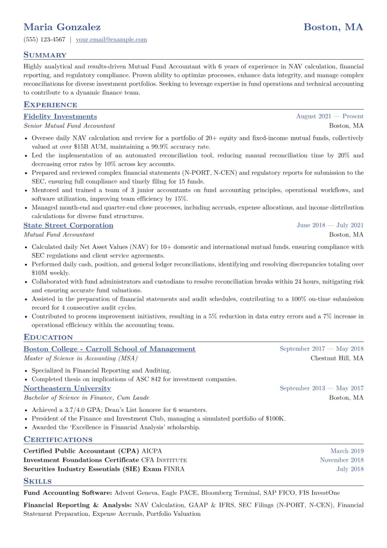 Mutual Fund Accountant Resume Example CV template preview