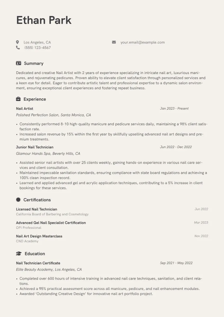 Nail Artist Resume Example CV template preview