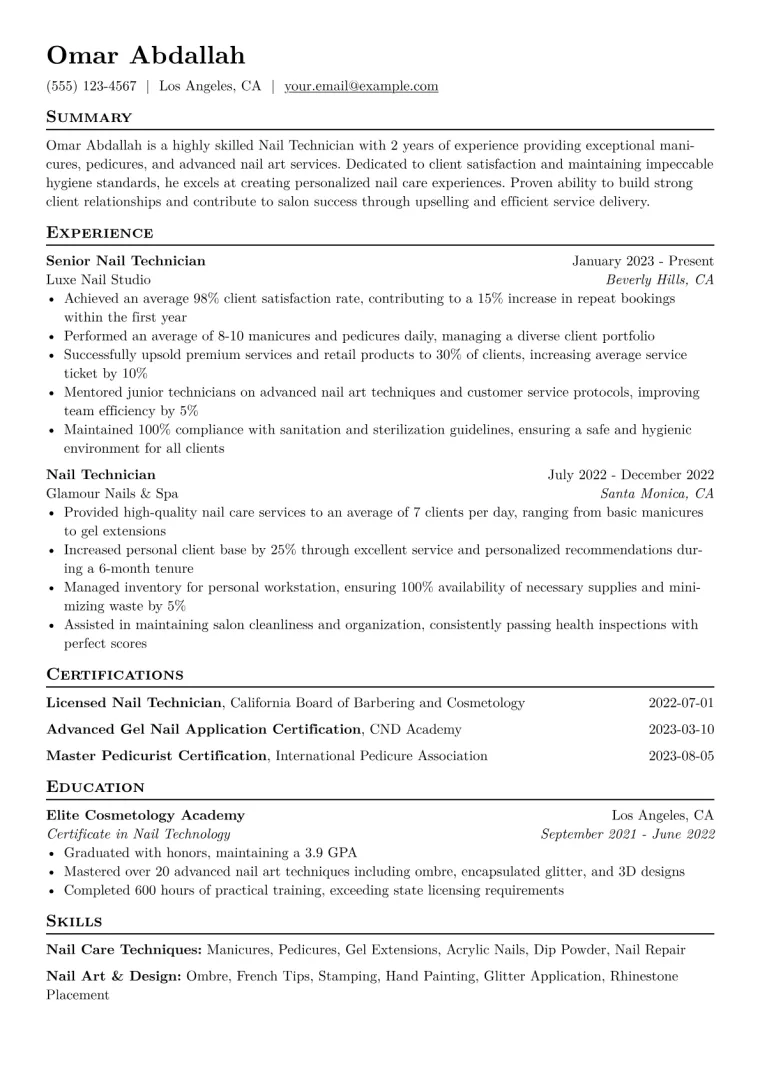 Nail Technician Resume Example CV template preview