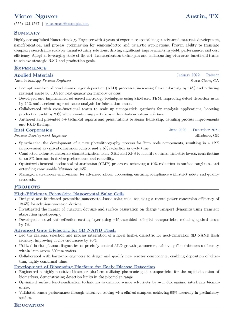 Nanotechnology Engineer Resume Example CV template preview